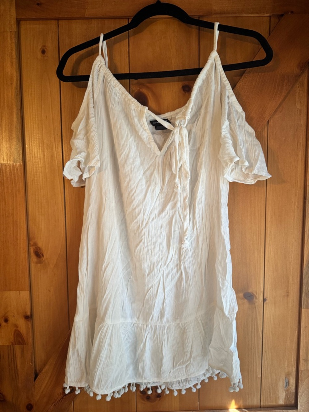 White Pom Trim Cold-Shoulder Coverup